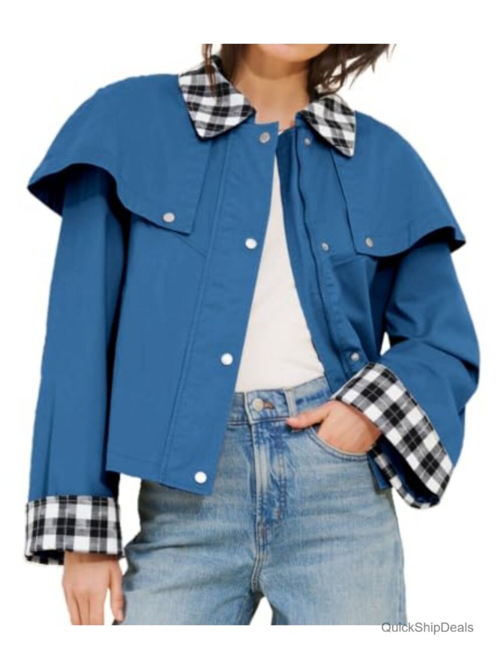 Women's Cropped Trench Coat Lightweight Gingham Cape Jacket